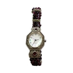 VTG 90s Avon Watch Stainless Steel and Garnet Mother Of Pearl Face New Battery